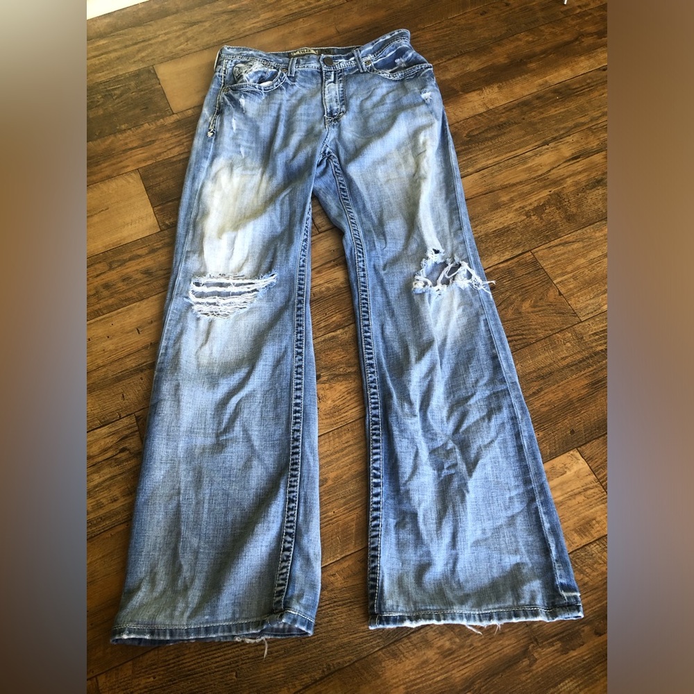 BKE Jeans Mens 32L Tyler Straight Leg Denim Distressed Heavy Stitch Baggy Grunge